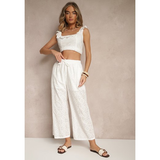 Białe Spodnie High Waist z Bawełnianej Tkaniny Zdobionej Haftem Mevirona ze sklepu renee.pl w kategorii Spodnie damskie - zdjęcie 180343504