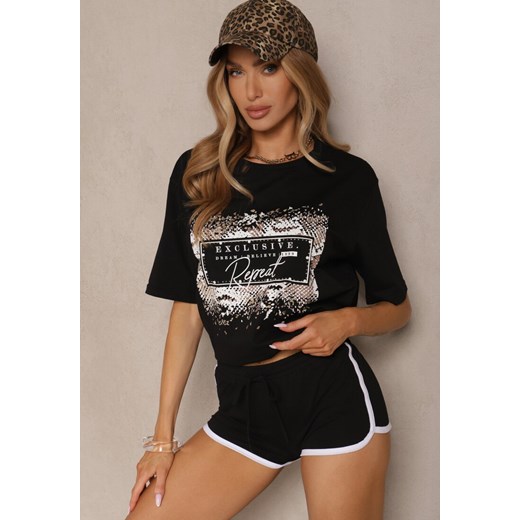 Czarny T-shirt z Bawełny Zdobiony Nadrukiem z Cyrkoniami Idelunea ze sklepu renee.pl w kategorii Bluzki damskie - zdjęcie 180345233