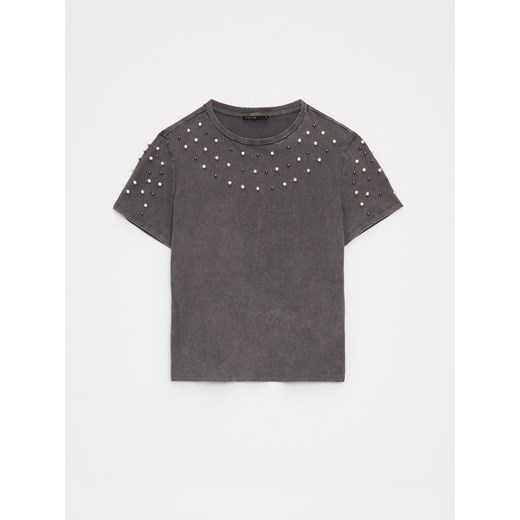 Mohito - Bawełniany szary t-shirt z ozdobnymi elementami - szary ze sklepu Mohito w kategorii Bluzki damskie - zdjęcie 180366990