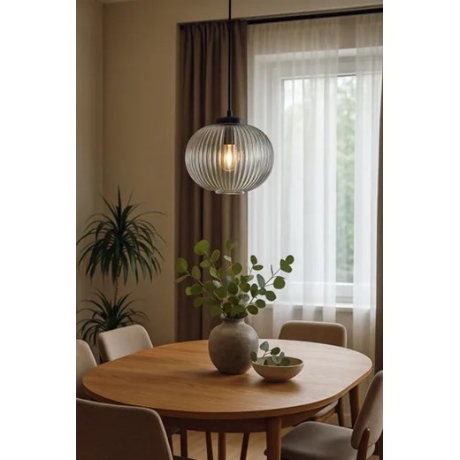 Beżowa lampa wisząca z ryflowanym kloszem - J046-Lewiro Lumes One Size Edinos.pl