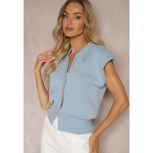 Niebieska Casualowa Bluzka Polo w Stylu Dzianinowej Kamizelki z Usztywnionymi Ramionami Aidelma ze sklepu renee.pl w kategorii Bluzki damskie - zdjęcie 180388820
