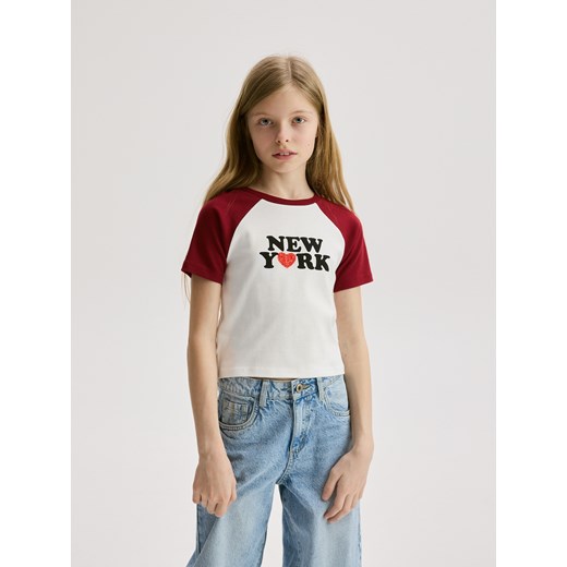 Reserved - Bawełniany t-shirt z aplikacją - czerwony ze sklepu Reserved w kategorii Bluzki dziewczęce - zdjęcie 180390661