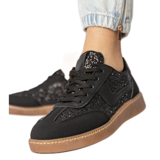 Czarne sneakersy damskie zdobione brokatem ze sklepu ButyModne.pl w kategorii Buty sportowe damskie - zdjęcie 180397491