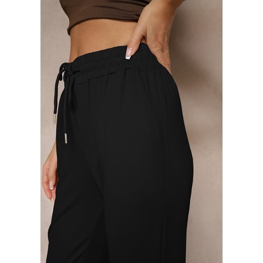 Czarne Spodnie Dresowe z Wiskozą High Waist Ozdobione Sznurkiem Ellivenna Renee L okazyjna cena renee.pl