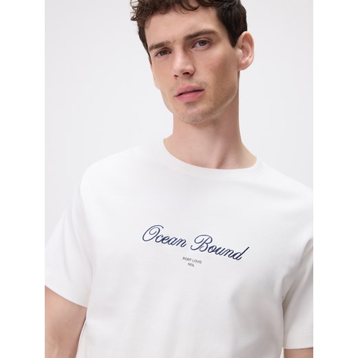 Reserved - T-shirt regular z haftem - złamana biel Reserved XXL Reserved
