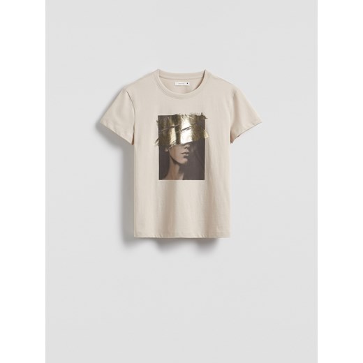 Reserved - Bawełniany t-shirt z nadrukiem - beżowy ze sklepu Reserved w kategorii Bluzki damskie - zdjęcie 180405813