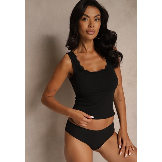 Czarny Top z Bawełny o Dopasowanym Kroju na Ramiączkach z Koronką Linavea ze sklepu renee.pl w kategorii Bluzki damskie - zdjęcie 180409241