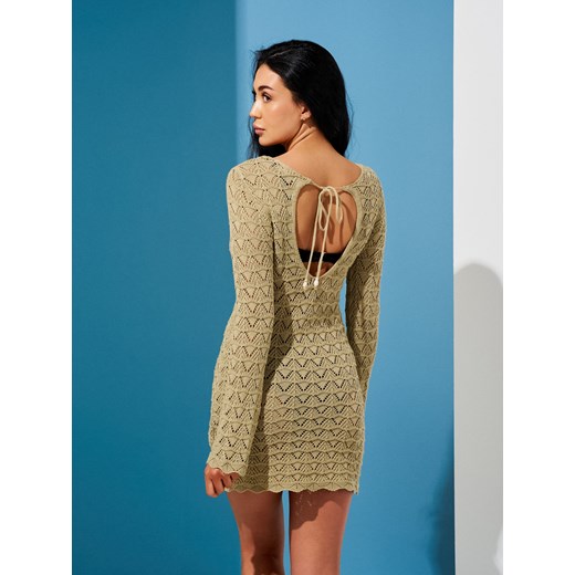 Sukienka Sinsay na spacer z aplikacjami  z okrągłym dekoltem casual zielona z długim rękawem 