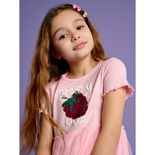 Sinsay - Sukienka z ozdobnymi cekinami wykończona tiulem - różowy Sinsay 122 Sinsay