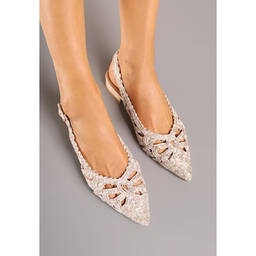 Beżowe Sandały Slingback z Szydełkową Cholewką z Metalicznymi Przeszyciami Frolette ze sklepu renee.pl w kategorii Balerinki - zdjęcie 180414533