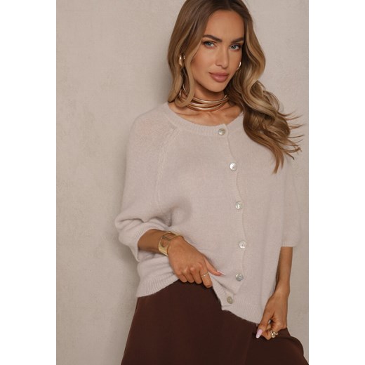 Jasnobeżowy Kardigan z Rękawem 3/4 z Dodatkiem Wełny Iffarisse Renee ONE SIZE promocyjna cena renee.pl