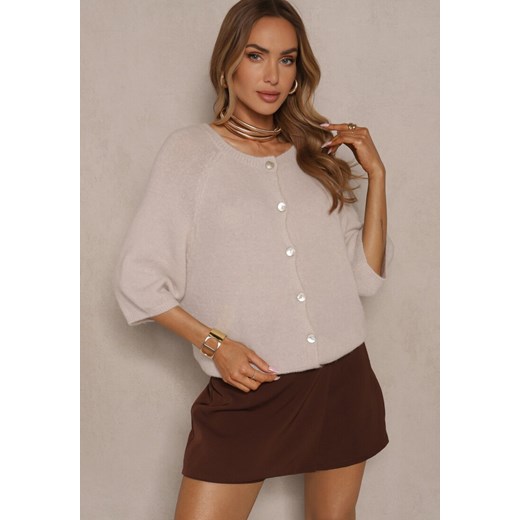 Jasnobeżowy Kardigan z Rękawem 3/4 z Dodatkiem Wełny Iffarisse Renee ONE SIZE promocja renee.pl
