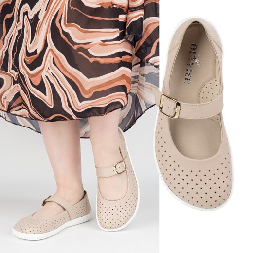 Baleriny barefoot damskie Olivier 1770POL skórzane buty z klamerką beżowe ze sklepu butyolivier w kategorii Półbuty damskie - zdjęcie 180417871