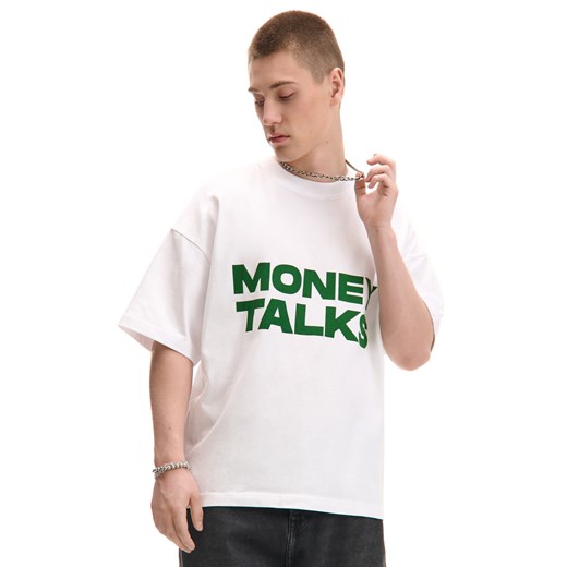 Cropp - Biały T-shirt z zielonym napisem - biały ze sklepu Cropp w kategorii T-shirty męskie - zdjęcie 180427391