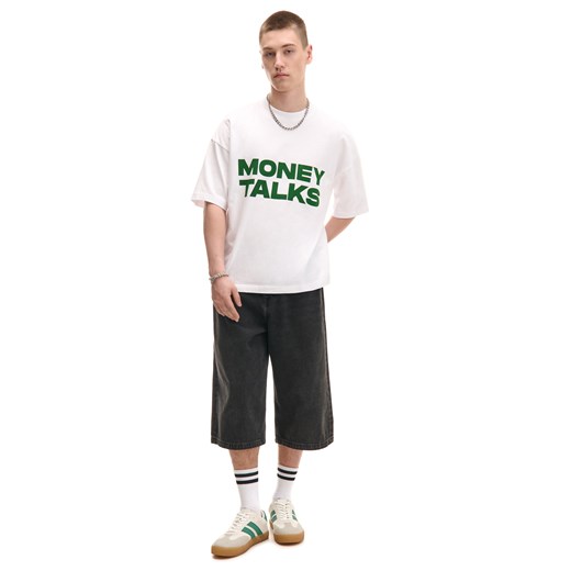 Cropp - Biały T-shirt z zielonym napisem - biały Cropp L Cropp