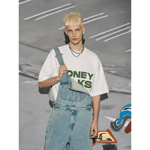 Cropp - Biały T-shirt z zielonym napisem - biały Cropp L Cropp
