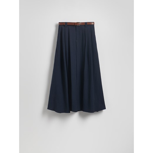 Reserved - Spódnica midi z domieszką lnu - granatowy Reserved M Reserved