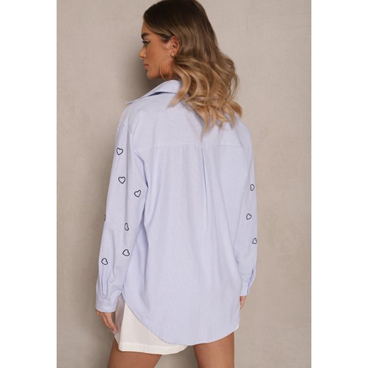 Niebiesko-Granatowa Koszula Oversize w Prążki Zdobiona Haftem w Serca Nitavela Renee ONE SIZE okazyjna cena renee.pl
