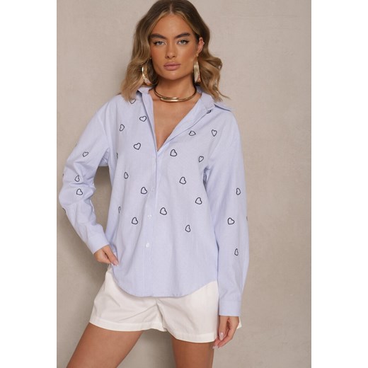 Niebiesko-Granatowa Koszula Oversize w Prążki Zdobiona Haftem w Serca Nitavela Renee ONE SIZE renee.pl okazja