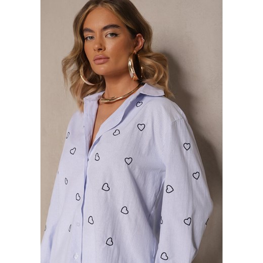 Niebiesko-Granatowa Koszula Oversize w Prążki Zdobiona Haftem w Serca Nitavela Renee ONE SIZE promocja renee.pl