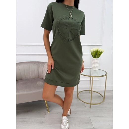 Khaki Sukienka z Krótkim Rękawem i Tłoczeniem ze sklepu ModnaKiecka.pl w kategorii Sukienki - zdjęcie 180430233