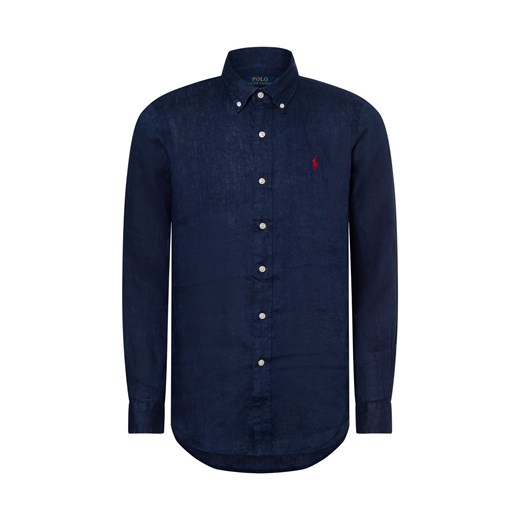 Polo Ralph Lauren Męska koszula lniana na co dzień Mężczyźni Modern Fit len granatowy jednolity ze sklepu vangraaf w kategorii Koszule męskie - zdjęcie 180447330