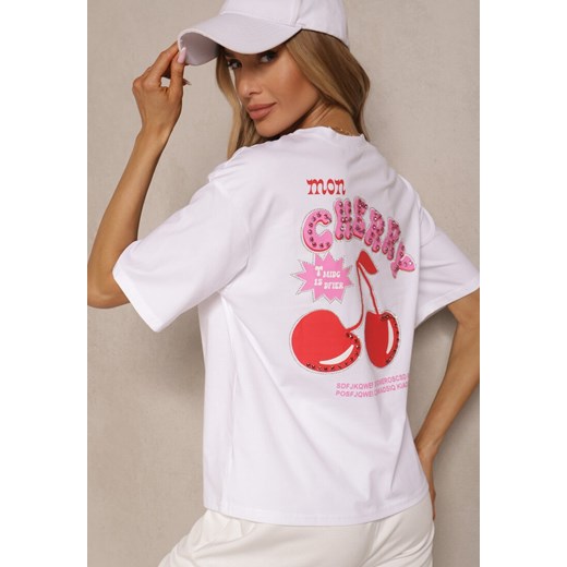 Biały T-shirt z Bawełną Wzorem Wiśni i Cyrkoniami Linavella ze sklepu renee.pl w kategorii Bluzki damskie - zdjęcie 180451392