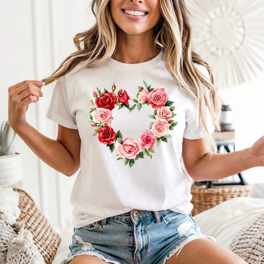 Biała damska koszulka z sercem - wzór kwiaty54 ze sklepu Time For Fashion w kategorii Bluzki damskie - zdjęcie 180457521