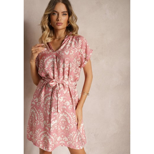 Sukienka Renee elegancka z krótkim rękawem w serek z paskami w kwiaty