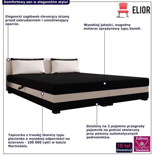 Tapicerowane łóżko dwuosobowe z zagłówkiem czarny + ecru Fionis 3X - 3 rozmiary Elior One Size Edinos.pl