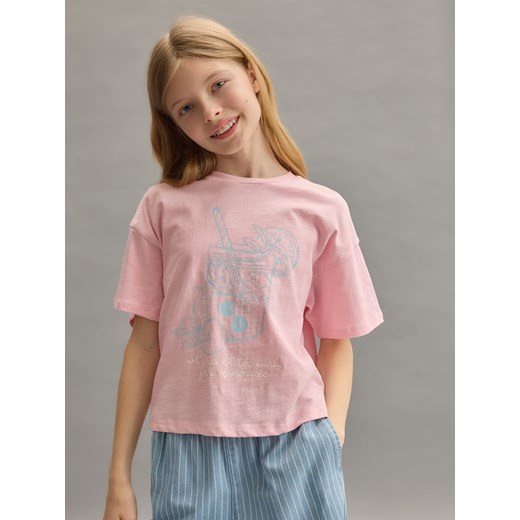 Reserved - T-shirt z nadrukiem - pastelowy róż Reserved 122/128 (6-8 lat) Reserved
