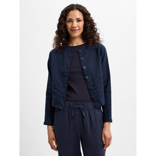 Marie Lund Lniana bluzka damska na lato Kobiety len granatowy jednolity ze sklepu vangraaf w kategorii Marynarki damskie - zdjęcie 181240083