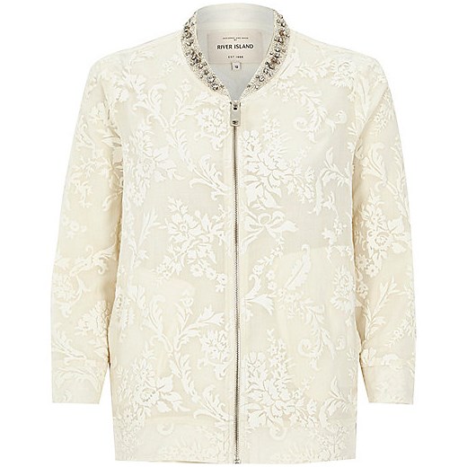 White floral embellished collar bomber jacket river-island bezowy 