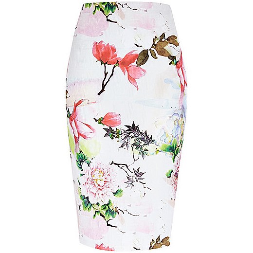 Pink floral print jersey pencil skirt river-island bialy 