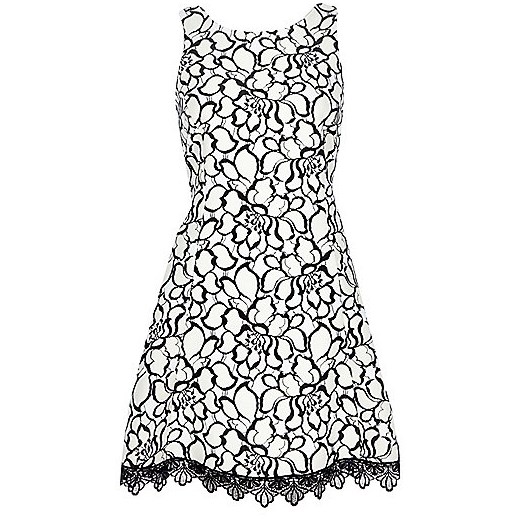 Cream lace print skater dress river-island szary sukienki koronkowe