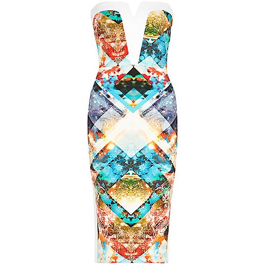 Blue graphic print bandeau pencil dress river-island brazowy 