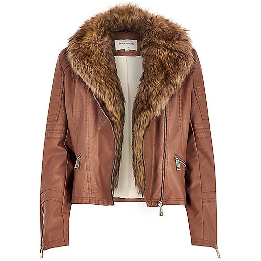 Brown leather-look faux fur biker jacket river-island brazowy Kurtki damskie skórzane