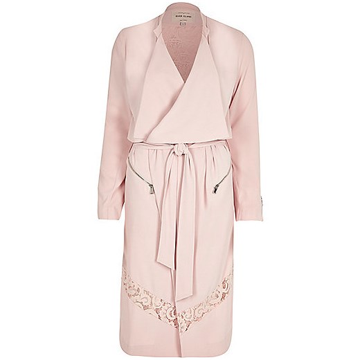 Pink crepe lace panel trench coat river-island bezowy trencze