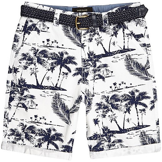 Boys white palm print belted shorts river-island bialy 