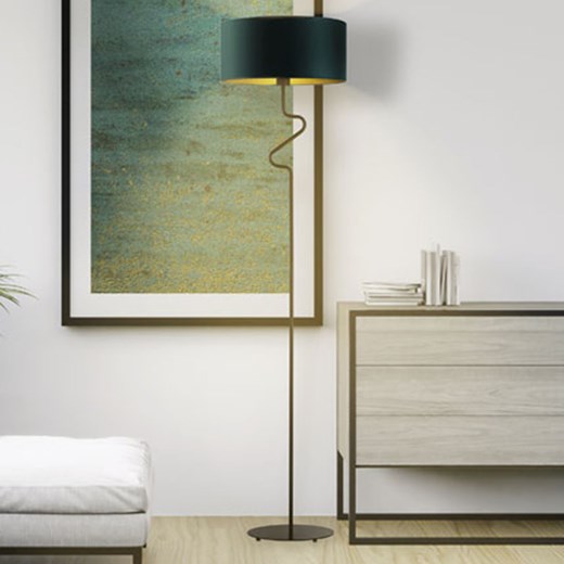 Designerska lampa stojąca do pokoju MORONI GOLD z abażurem w kolorze zieleni butelkowe ze złotym wnętrzem ze sklepu Lysne w kategorii Lampy podłogowe - zdjęcie 181814651