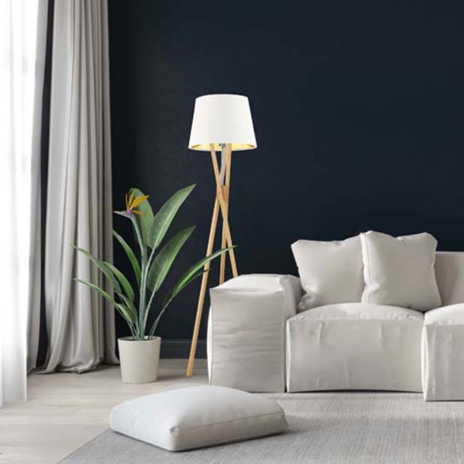 Drewniana lampa podłogowa z białym abażurem ze złotym wnętrzem ANDORA GOLD ze sklepu Lysne w kategorii Lampy podłogowe - zdjęcie 181830482