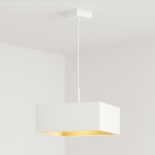 Biała lampa wisząca do salonu z kwadratowym abażurem z tkaniny 40x40 cm BOGOTA GOLD ze sklepu Lysne w kategorii Lampy wiszące - zdjęcie 181832211