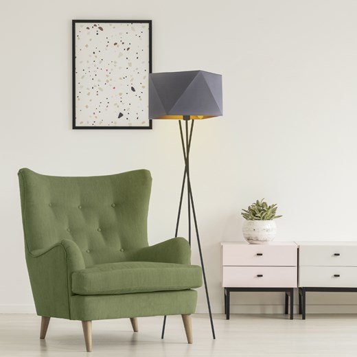 Loftowa lampa stojąca typu tripod DAKAR GOLD z szarym abażurem ze złotym wnętrzem ze sklepu Lysne w kategorii Lampy podłogowe - zdjęcie 181836503