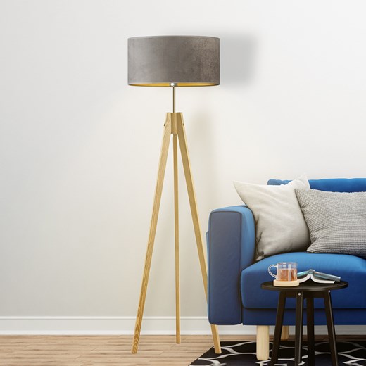 Lampa stojąca drewniana HAITI VELUR z welurowym abażurem ze sklepu Lysne w kategorii Lampy podłogowe - zdjęcie 181872370
