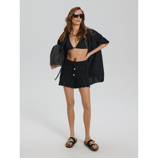 Sinsay - Dzianinowe szorty w ażurowy wzór z bawełny - czarny Sinsay XS Sinsay