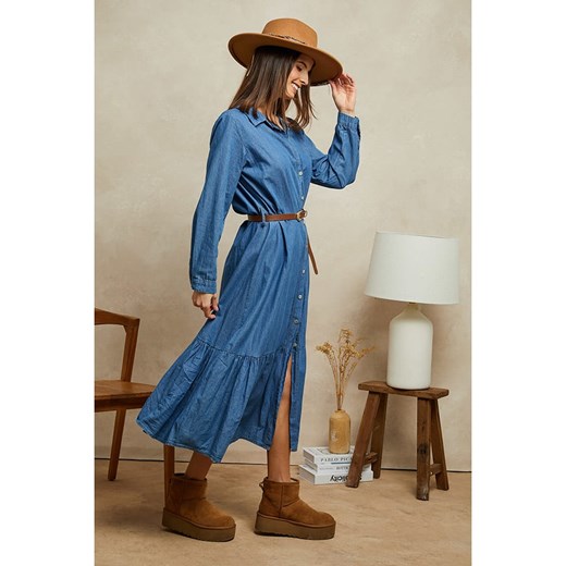 Sukienka Plume niebieska midi z długimi rękawami 