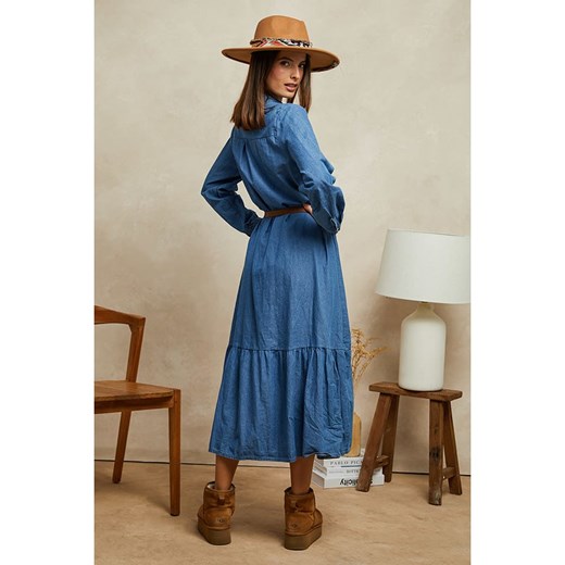 Sukienka Plume niebieska koszulowa midi z długimi rękawami 