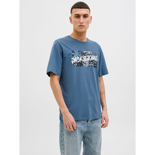 Niebieski t-shirt męski Jack & Jones bawełniany z krótkimi rękawami 