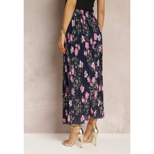 Granatowa Spódnica Ozdobiona Plisami z Gumką w Pasie i Elastyczną Podszewką Renee ONE SIZE renee.pl