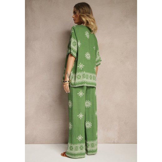 Ciemnozielony Komplet Boho z Wiskozy Szerokie Spodnie i T-shirt z Haftem Zeirae Renee L okazyjna cena renee.pl